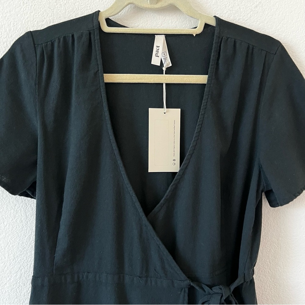 NWT Pact Cafe Crepe Faux Wrap Midi Dress Black Organic Cotton Minimalist S - Picture 7 of 16